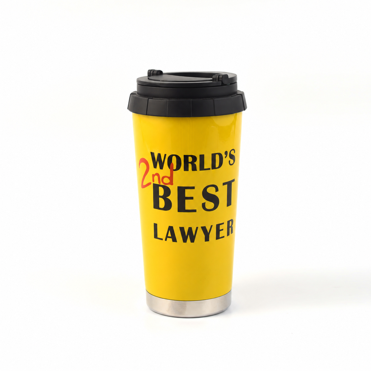 Yellow World's 2nd Best Lawyer 16 oz stainless steel travel mug with black lid, fan-made