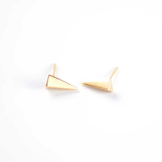 Pair of ShingoWorks gold-tone triangle stud earrings on a white background