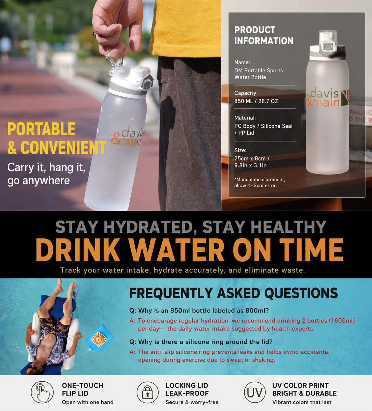 Infographic for the 850 ml frosted water bottle with flip lid, product details and FAQ