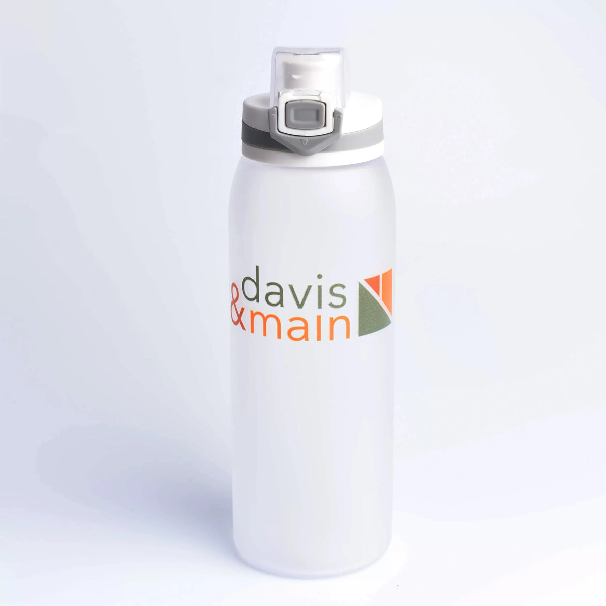 Frosted white water bottle with an orange and green Davis & Main print on a white background