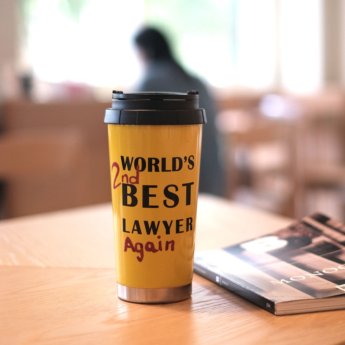 Sunset yellow lawyer mug on a desk