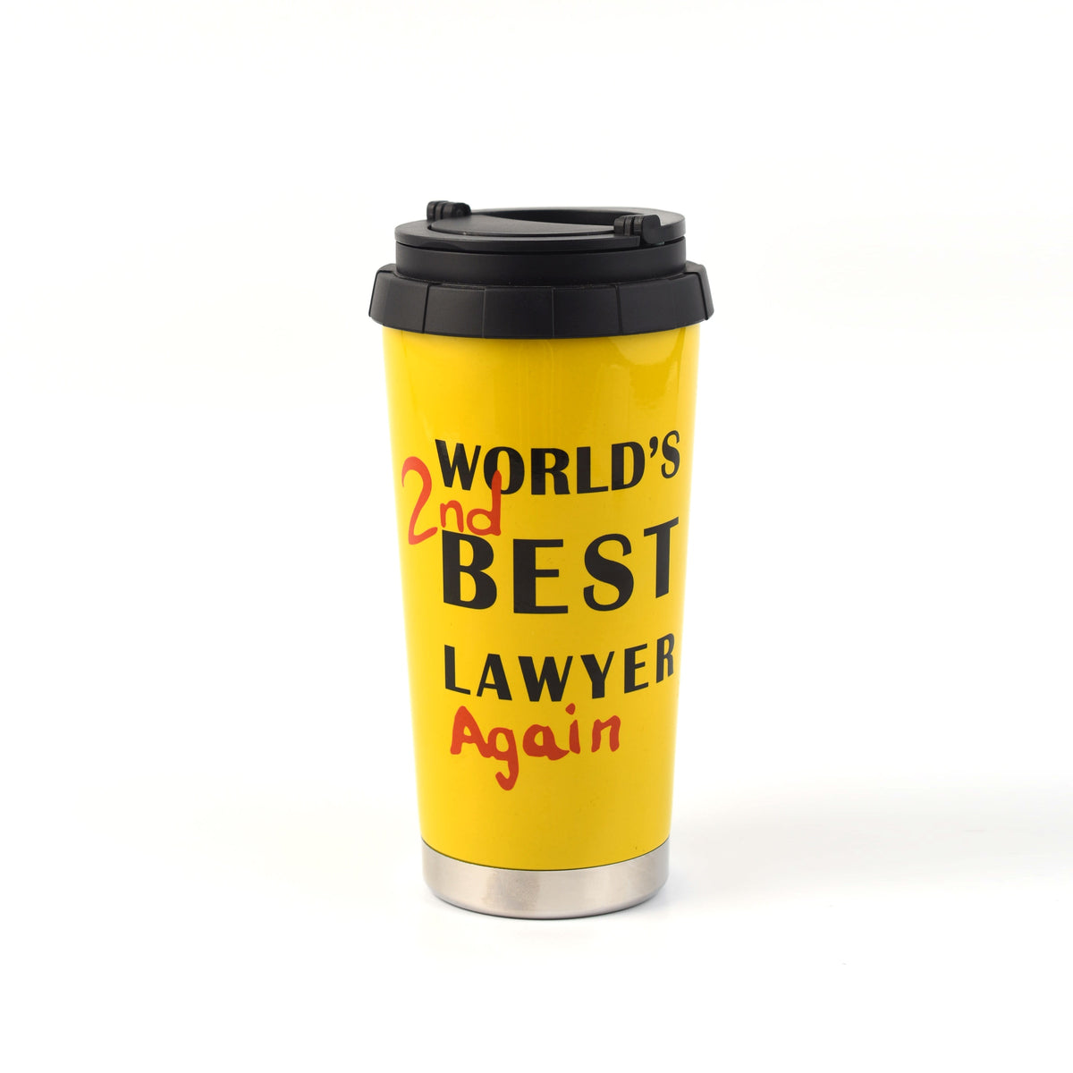 Front view of sunset yellow World's 2nd Best Lawyer mug with Again