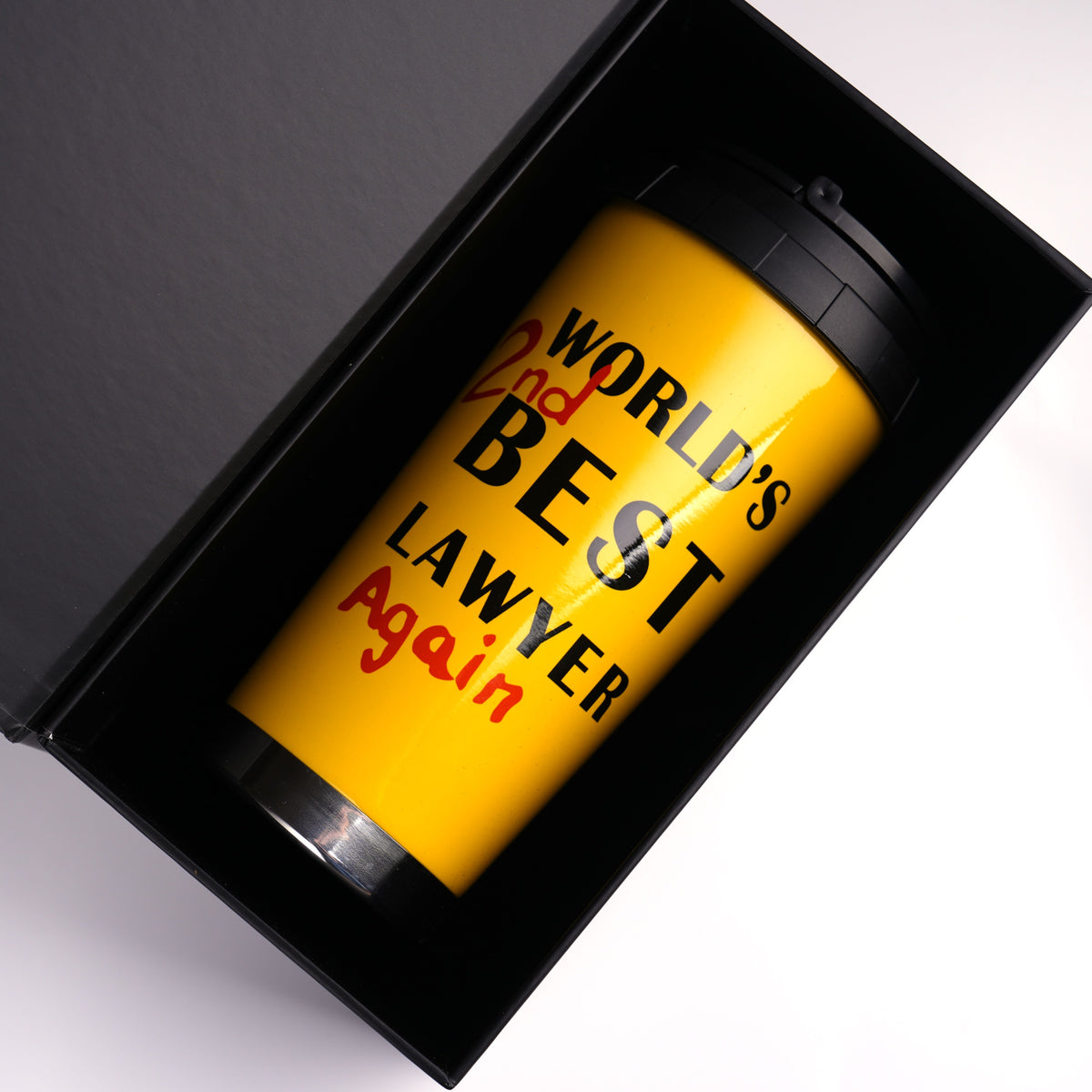 Sunset yellow lawyer mug in open premium gift box