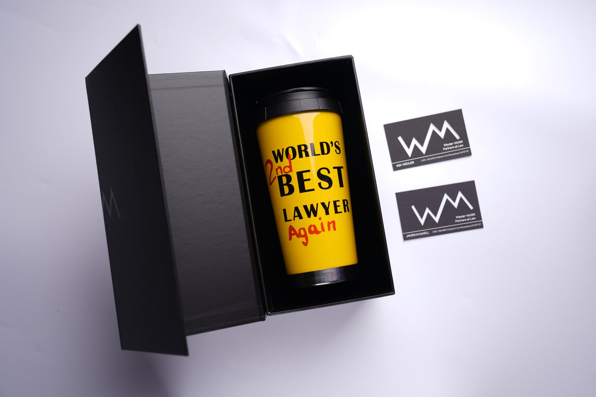 Premium gift box set with sunset yellow lawyer mug and cards