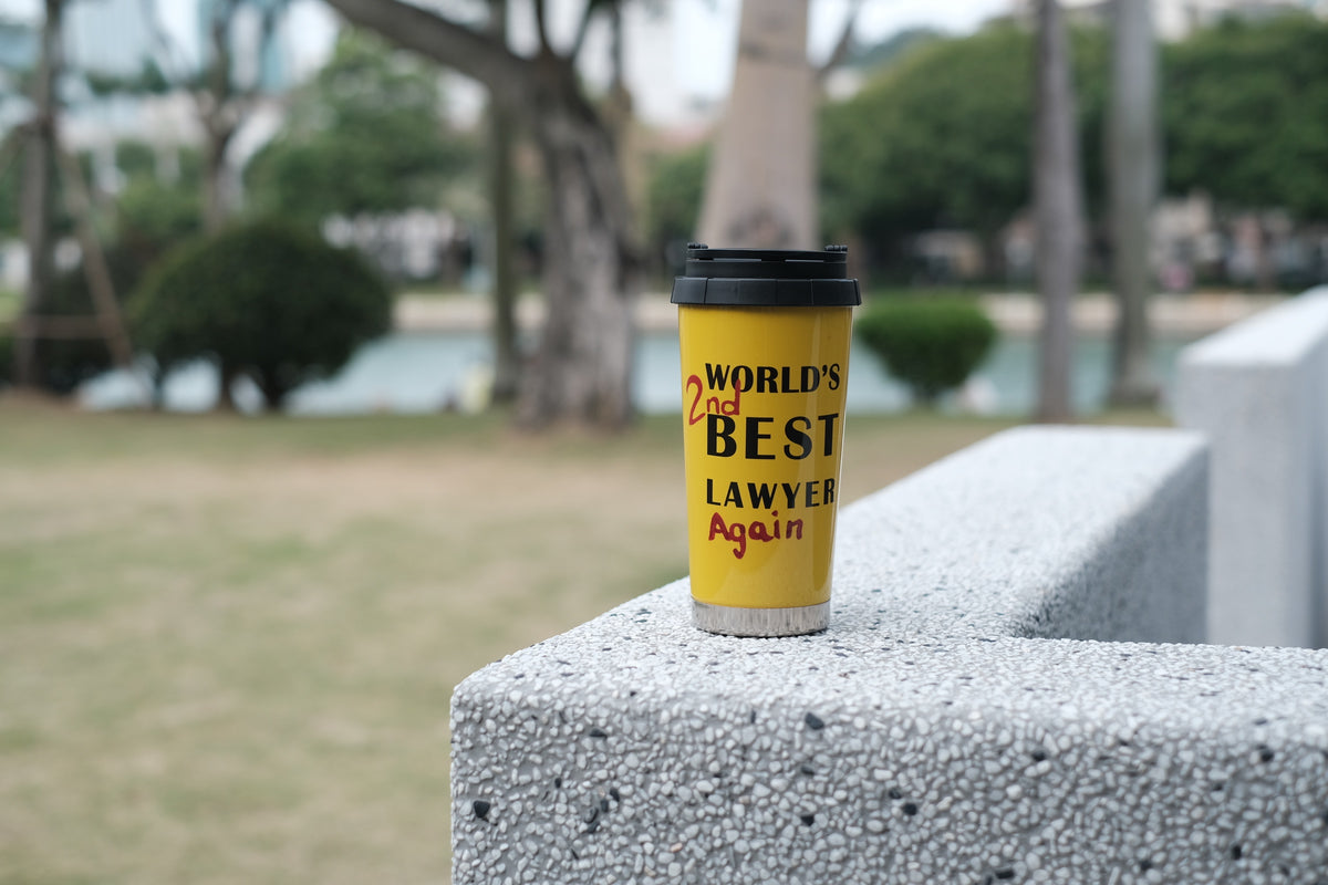 Sunset yellow lawyer mug outdoors