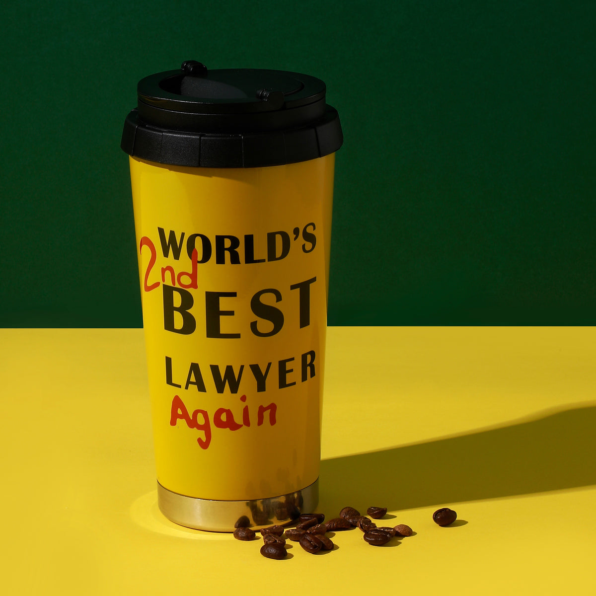 Sunset yellow World's 2nd Best Lawyer travel mug with Again lettering