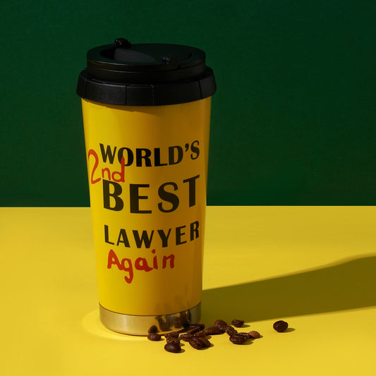 Sunset yellow World's 2nd Best Lawyer travel mug with Again lettering